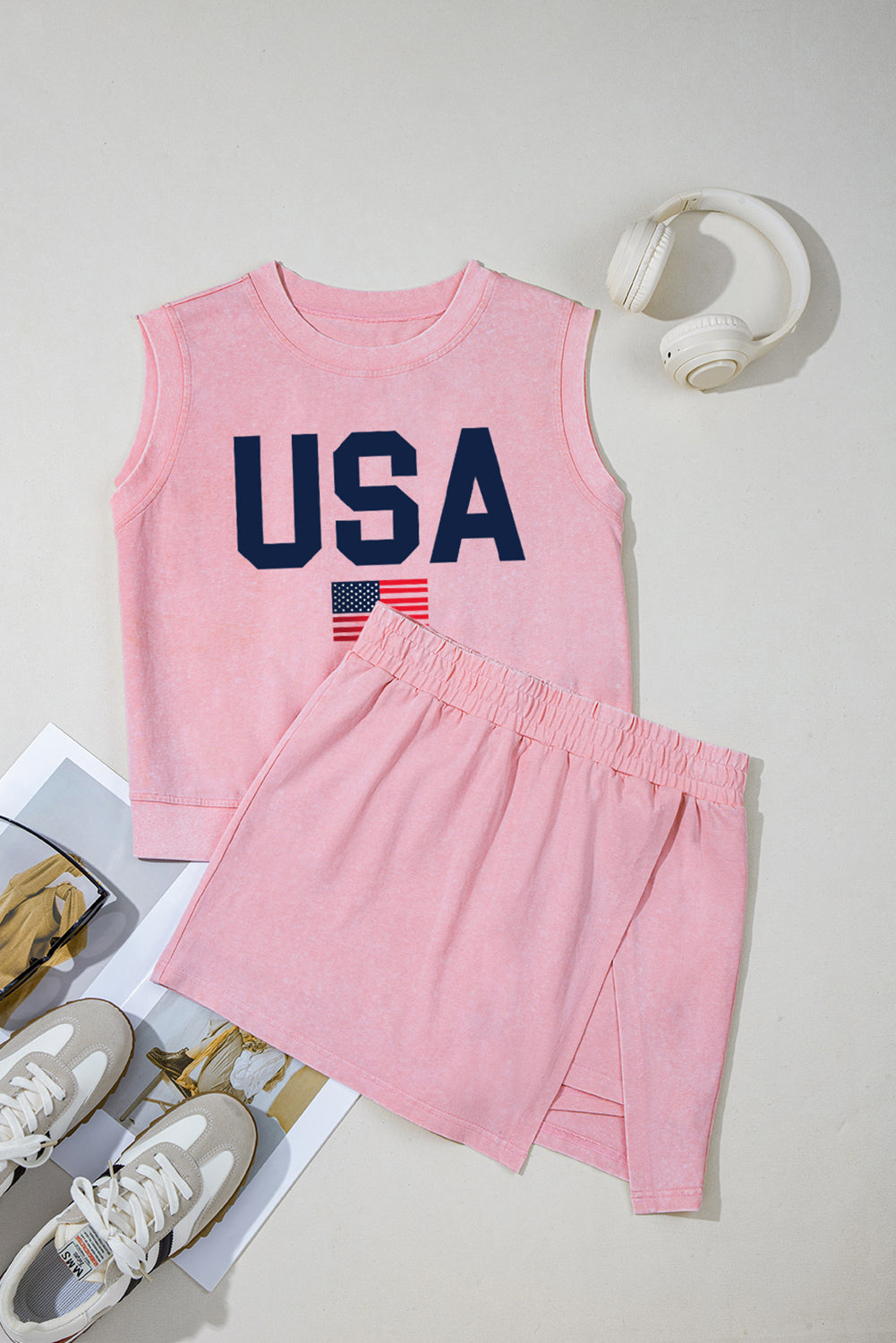 USA Flag Graphic Tank Top and Skort Short Set