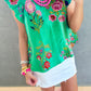 Green Floral Print Flutter Sleeve Frilly Neck Blouse