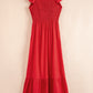 V Neck Flutter Sleeve Smocked Bodice High Waist Ruffle Maxi Dress