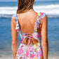 Floral Ruffle Trim V Neck Lace-up Back Tummy Control One Piece Swimsuit