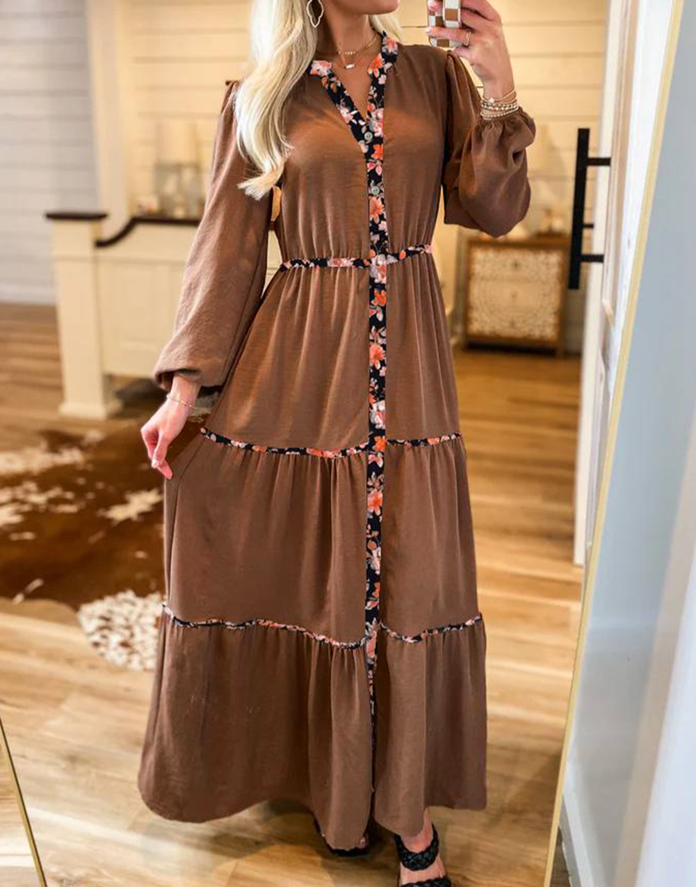 Floral Patchwork Detail Notched Neck Long Sleeve Maxi Dress