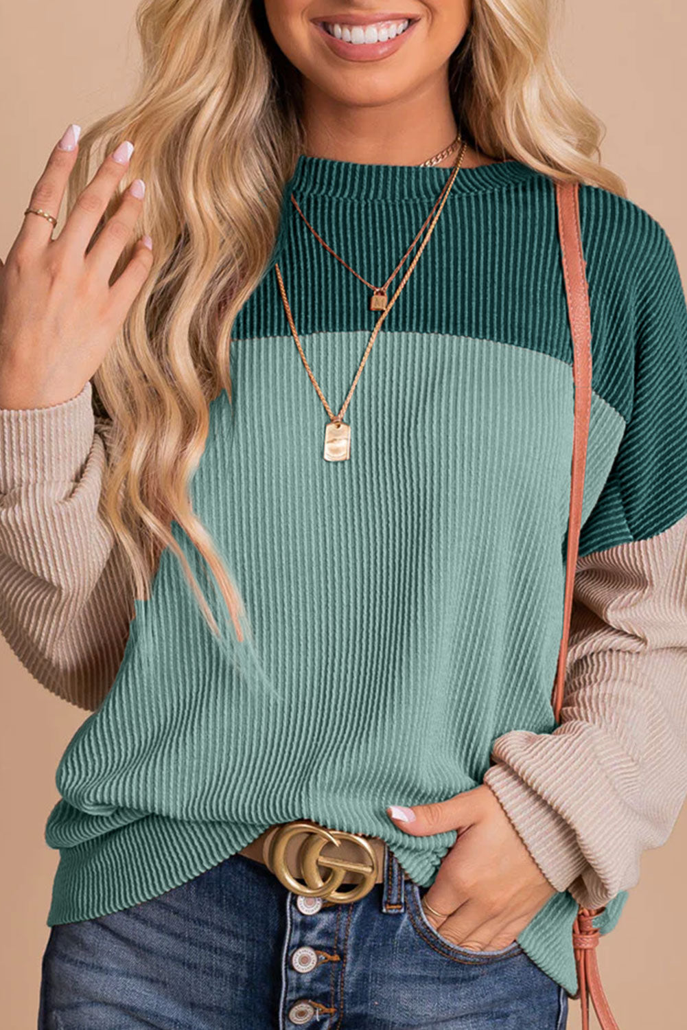 Color Block Long Sleeve Cording Loose Top