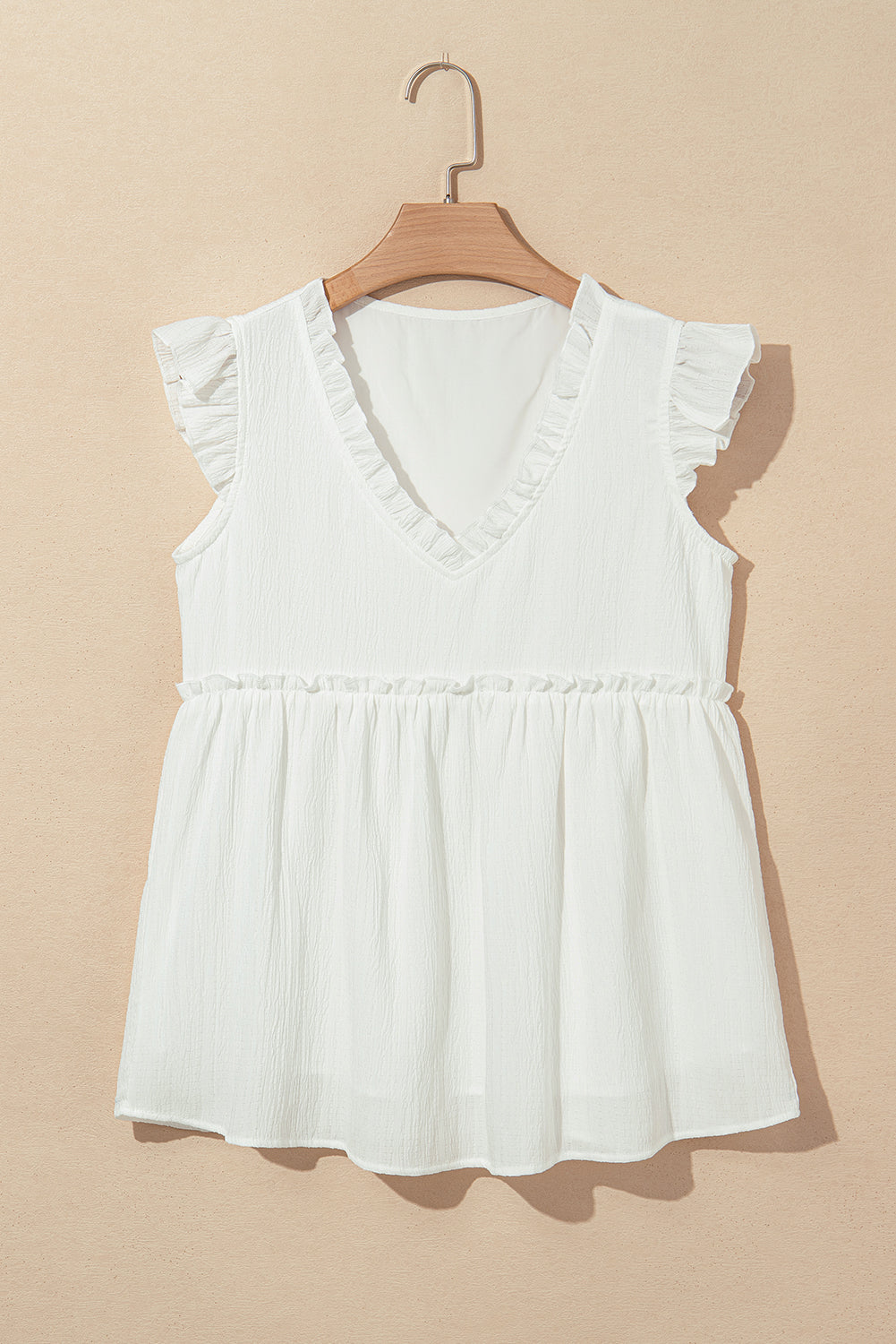 Textured Ruffled Trim V Neck Flutter Flowy Top