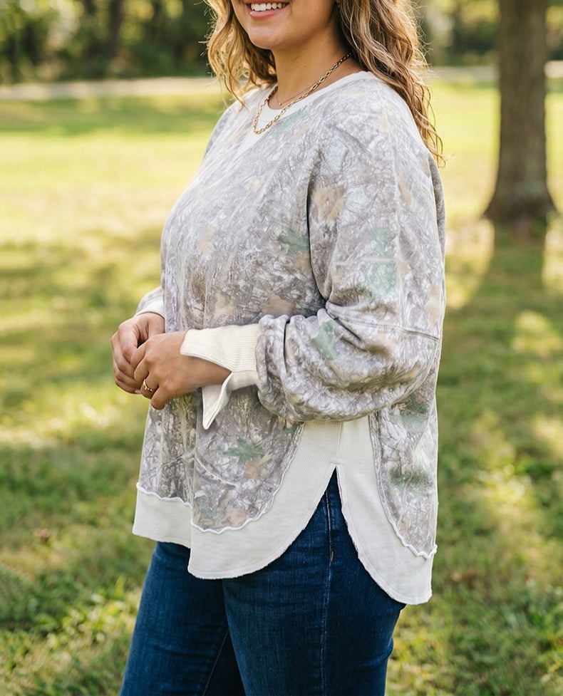 Khaki Camouflage Print Round Neck Long Sleeve Shift Plus Size Sweatshirt