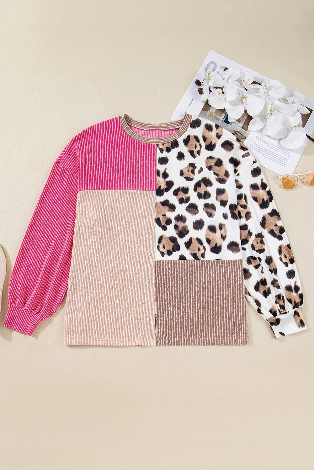 Block Leopard Patchwork Long Sleeve Top