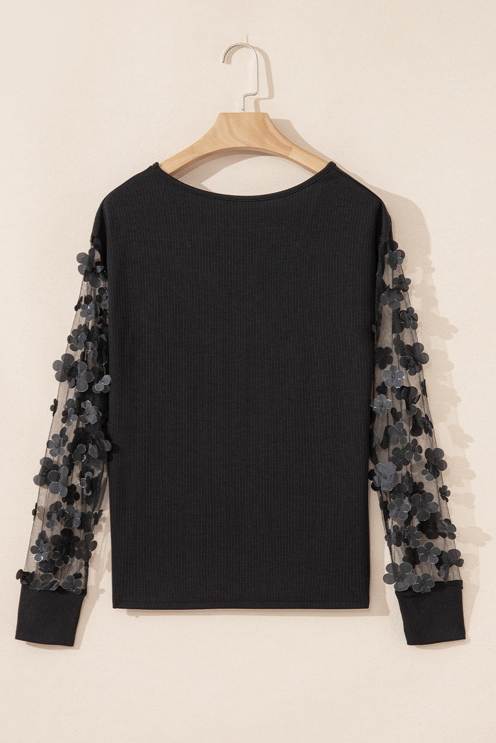 Flower Applique Mesh Long Sleeve V Neck Blouse