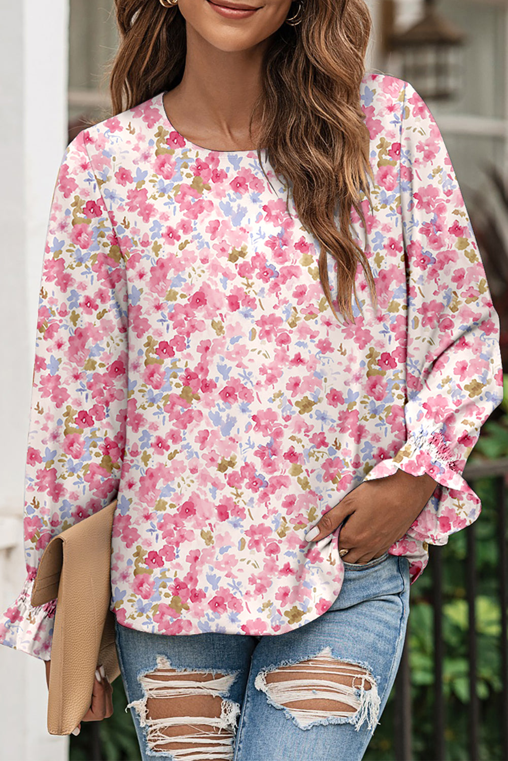 Floral Print Sweet Lantern Long Sleeve Blouse