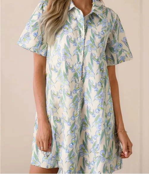 Green Floral Print Shirtcollar Buttoned Short Sleeve Shift Dress