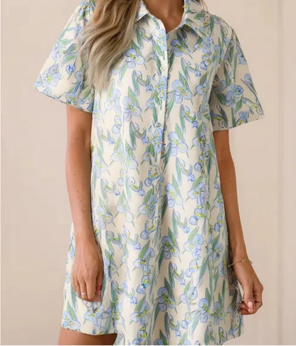 Green Floral Print Shirtcollar Buttoned Short Sleeve Shift Dress