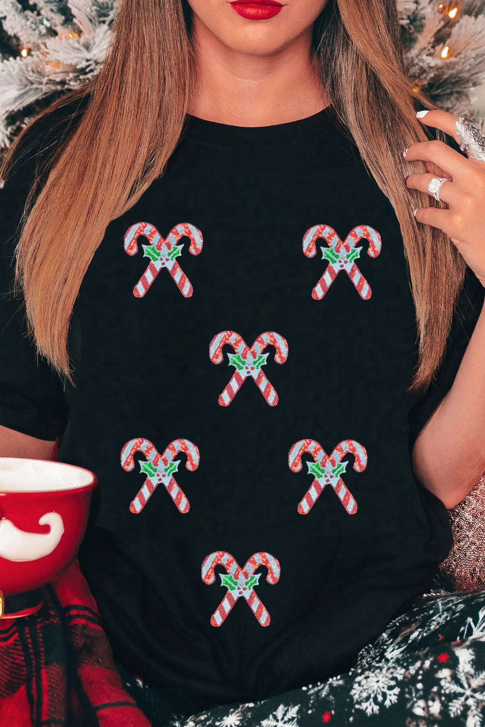 Holly Candy Cane Christmas Sequin Graphic T Shirt