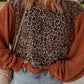 Leopard Floral Print Ribbed Puff Sleeve Patchwork Loose Pullover