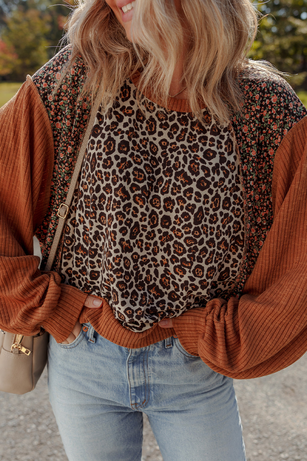 Leopard Floral Print Ribbed Puff Sleeve Patchwork Loose Pullover