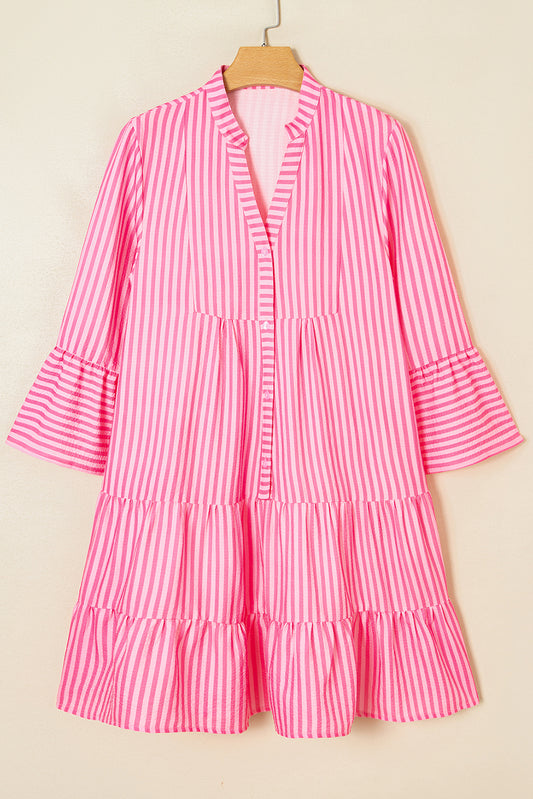 Stripe Flare Sleeve Half Placket Tiered Flowy Mini Dress