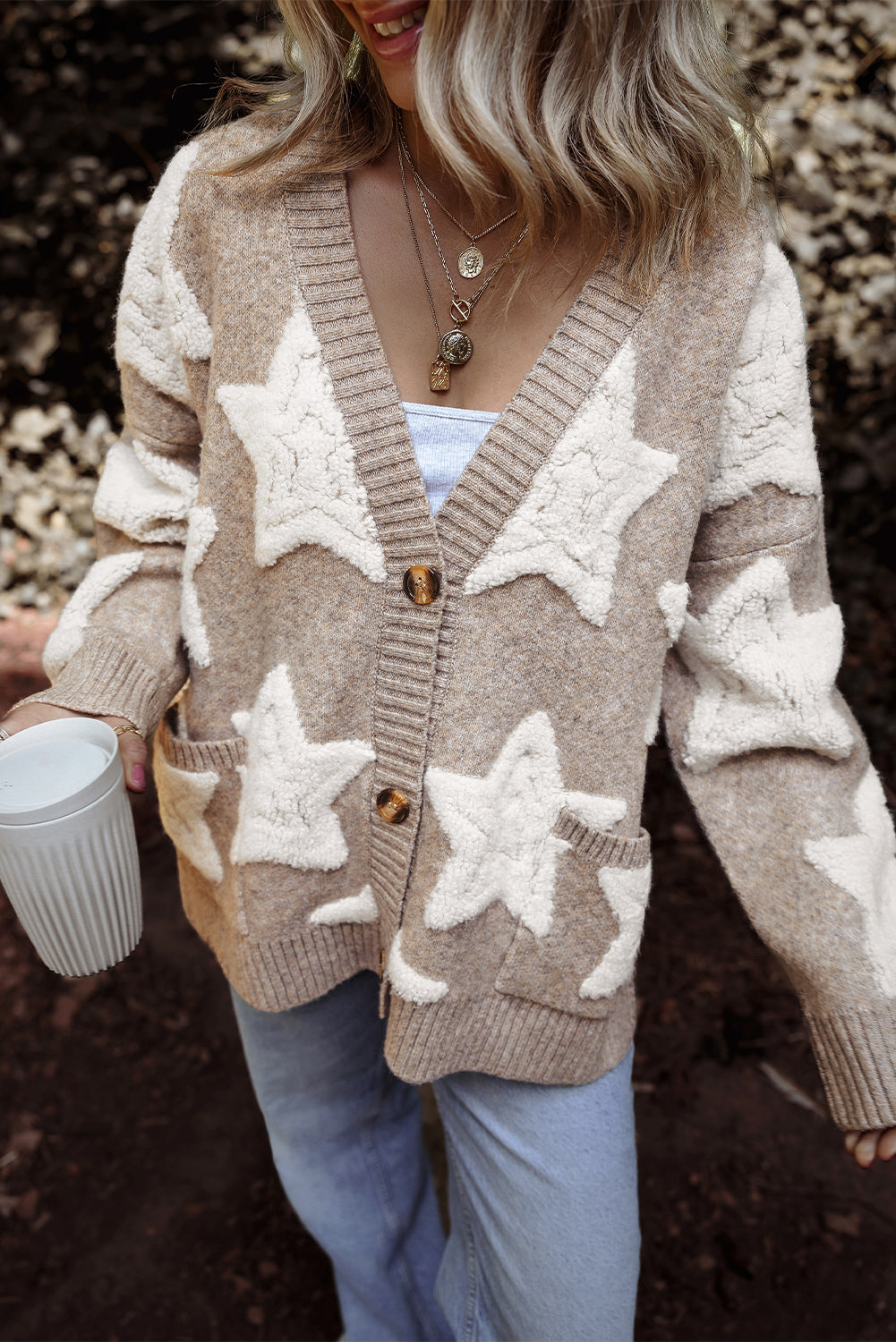 Star Textured Sweater Pockets Cardigan