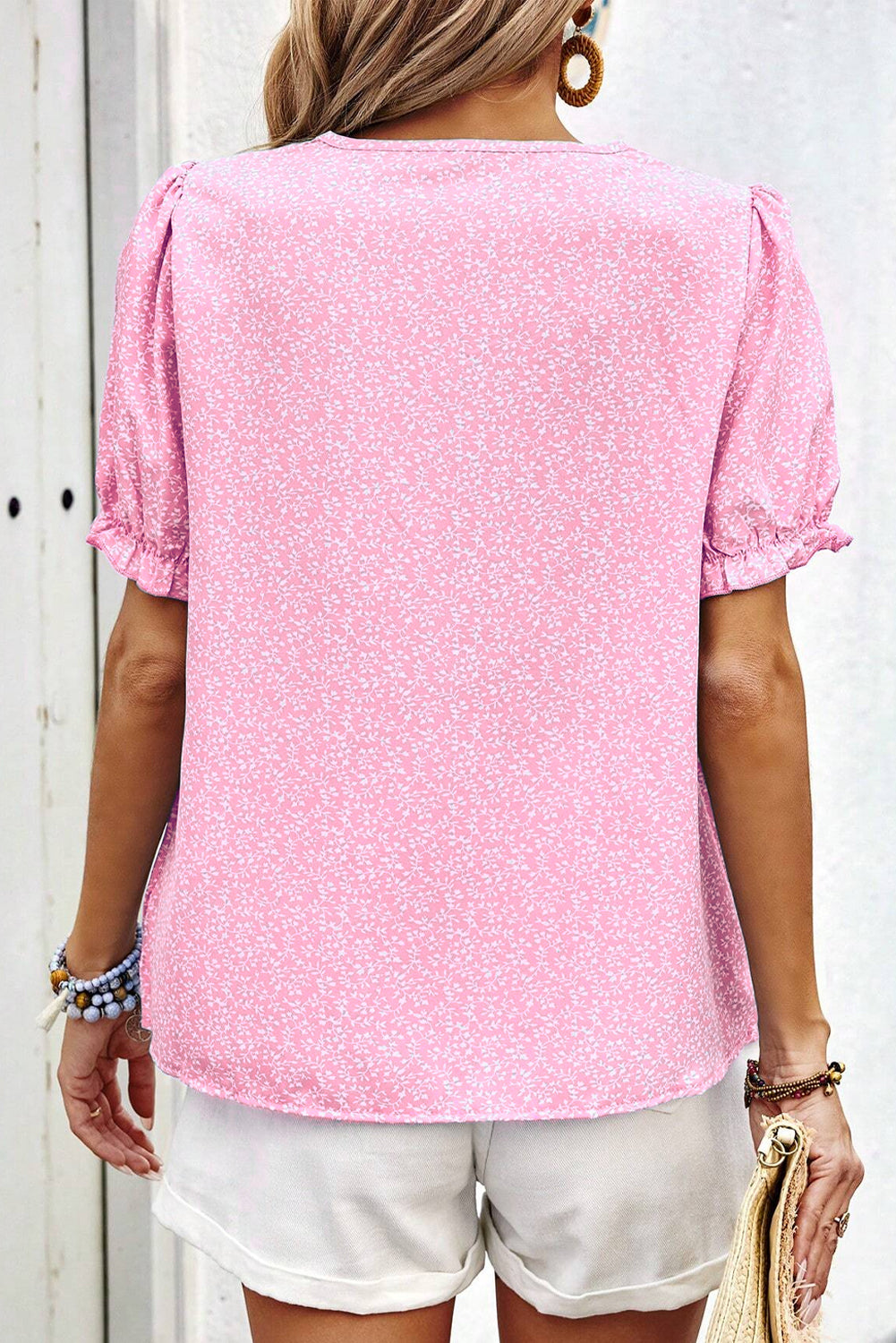 Floral Embroidered Puff Sleeve Notched V Neck Blouse