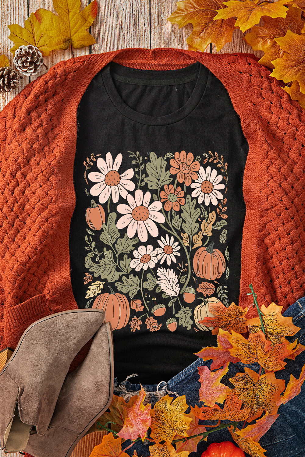 Wild Flower Pumpkin Print T Shirt