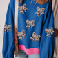 Colorblock Patchwork Sequin Rugby Bow Patched Puff Sleeve Sweatshirt