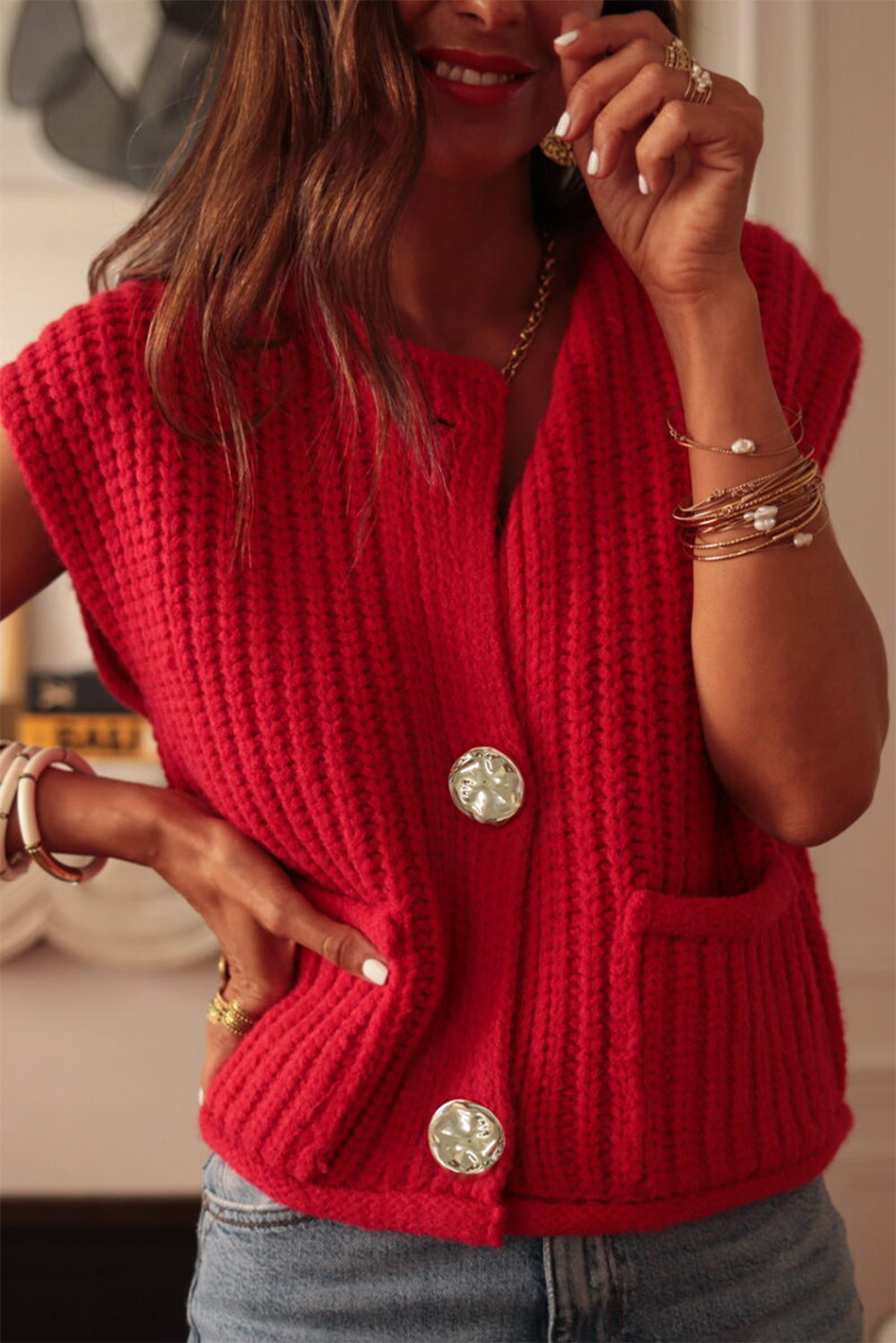 Textured Side Pockets Sweater Vest