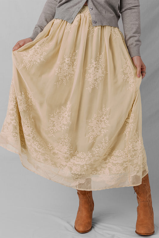 Embroidered Mesh Overlay Flowy Long Skirt