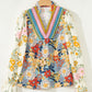 Floral Print Ruffled Long Sleeve Crochet Trim V Neck Blouse