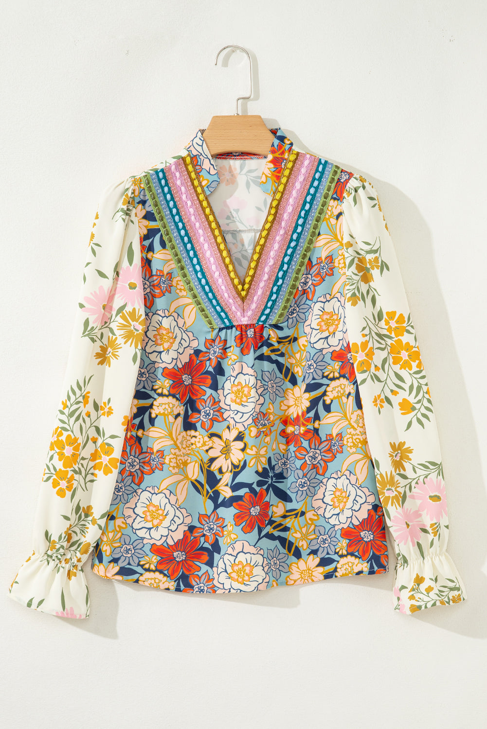 Floral Print Ruffled Long Sleeve Crochet Trim V Neck Blouse