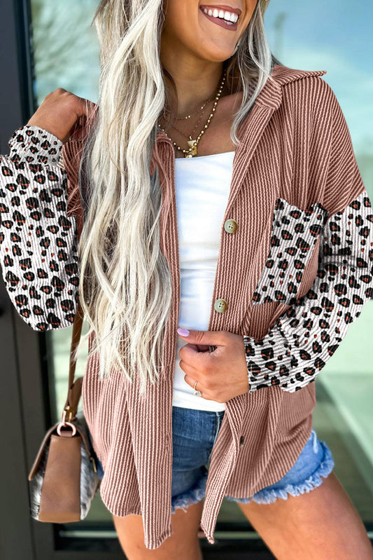 Leopard Patched Twisted Ribbed Western Casual Shacket