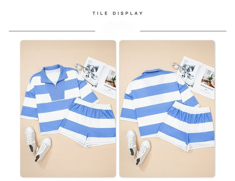 Stripe Half Zipper Placket Bracelet Sleeve Top Casual Shorts Set