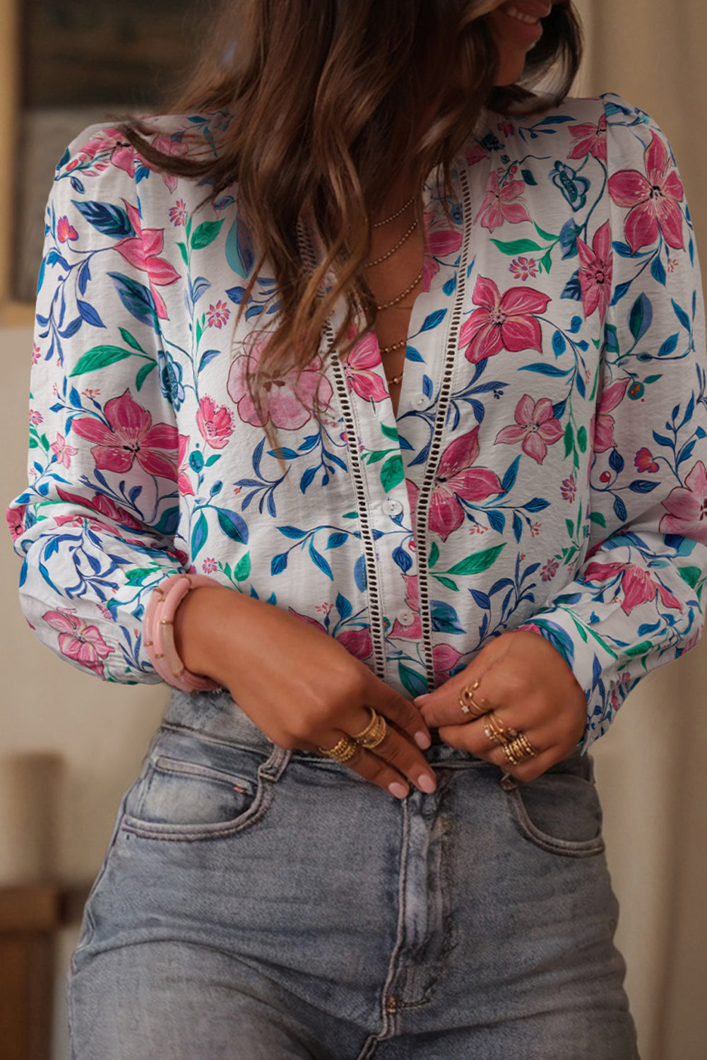 Floral Print Lace Detail Button-up Long Sleeve Shirt