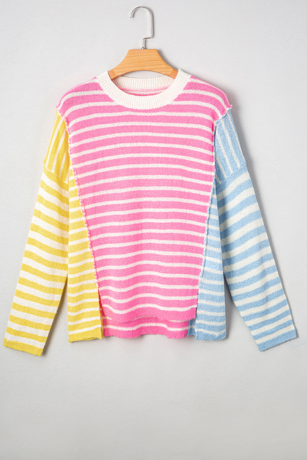 Color Block Striped Patchwork Dolman Sleeve Slit Sweater