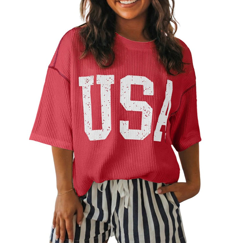 USA Graphic Half Sleeve Loose Ribbed Top