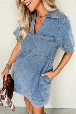 Short Sleeve Collared Patched Pocket Denim Mini Dress