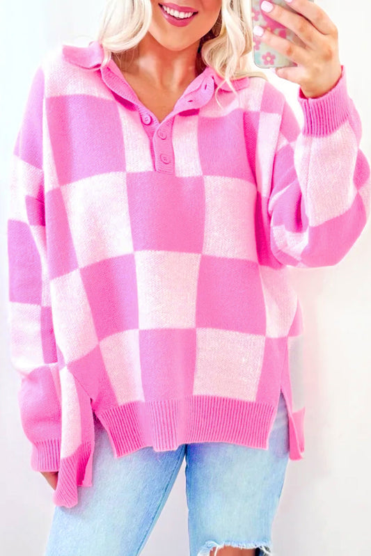 Checkerboard Half Button Sweater