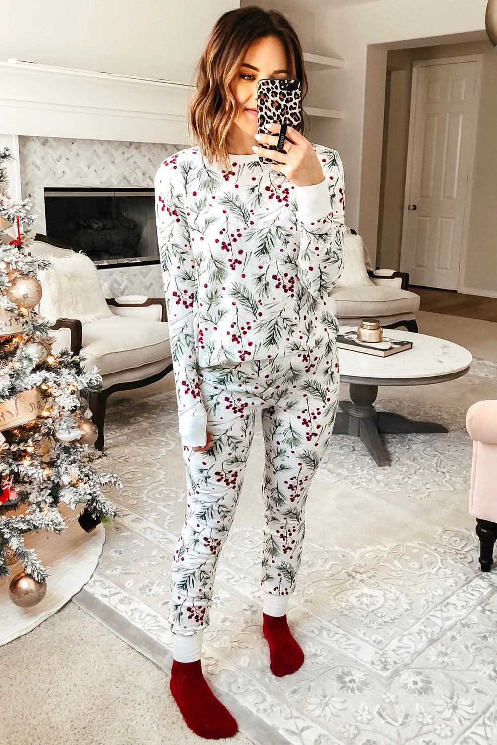 Holly Print Christmas Pajama Set