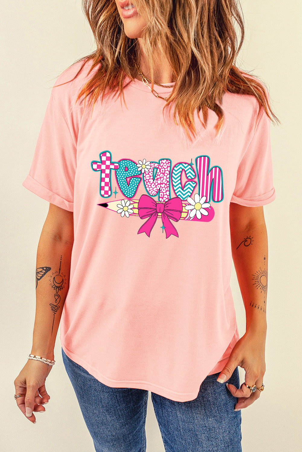 Preppy Retro Checkered Coquette Teach Graphic T-Shirt
