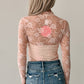 Sheer Floral Lace Mesh Mock Neck Long Sleeve Top