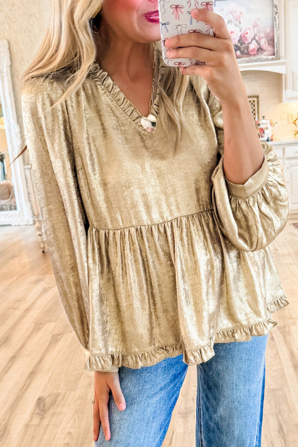 Metallic Frilled Puff Sleeve Babydoll Blouse