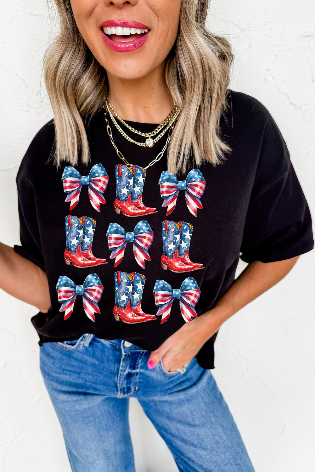 Black Stars and Stripes Bowknot Cowgirl Boots Graphic Patriotic Tee