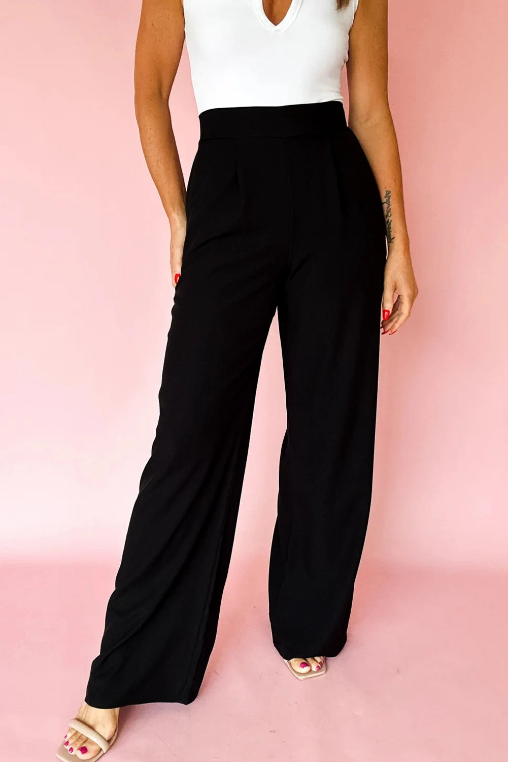 Detail Pull On High Elastic Waist Loose Straight Pants
