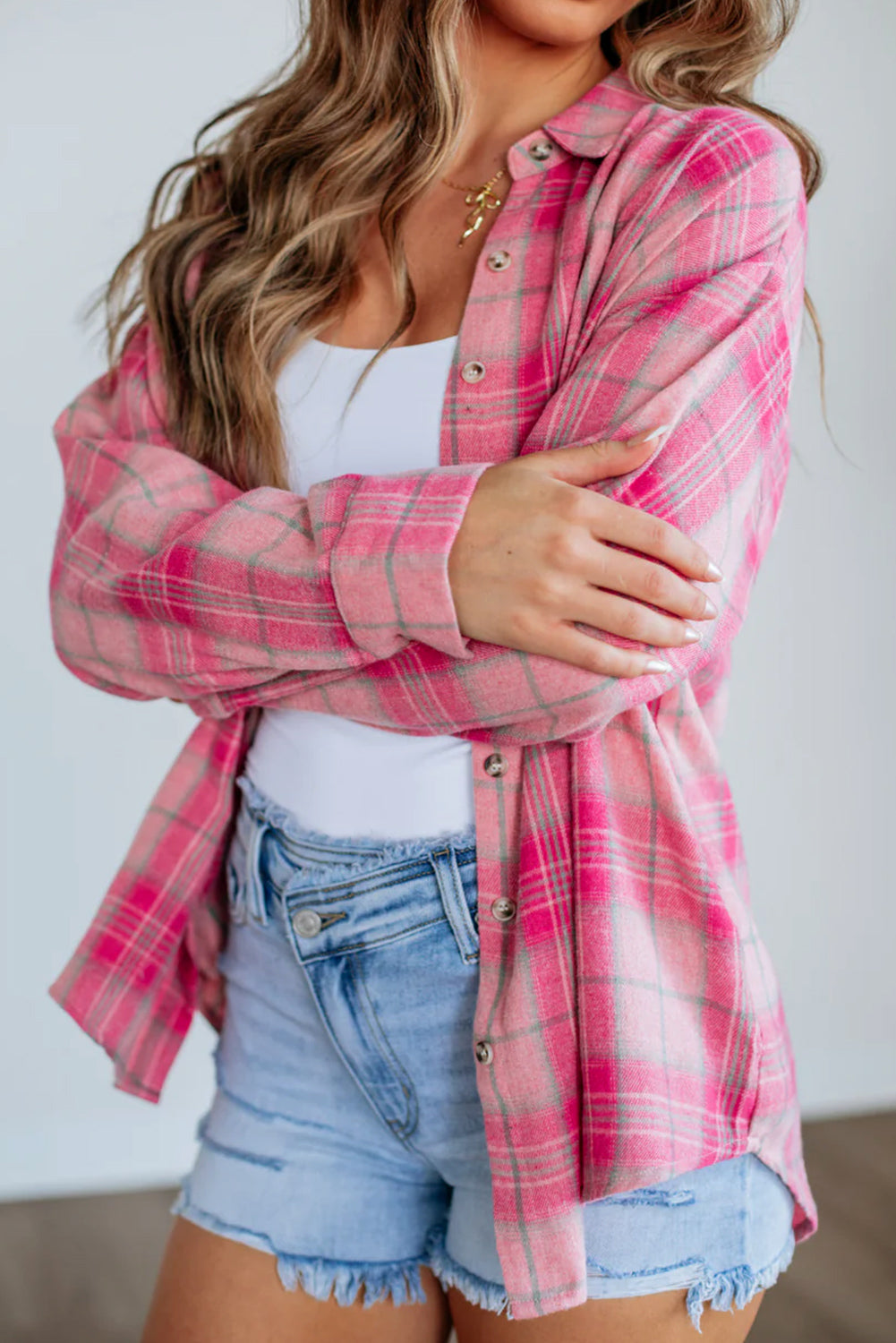Plaid Print Rounded Hem Long Sleeve Shirt with Pockets