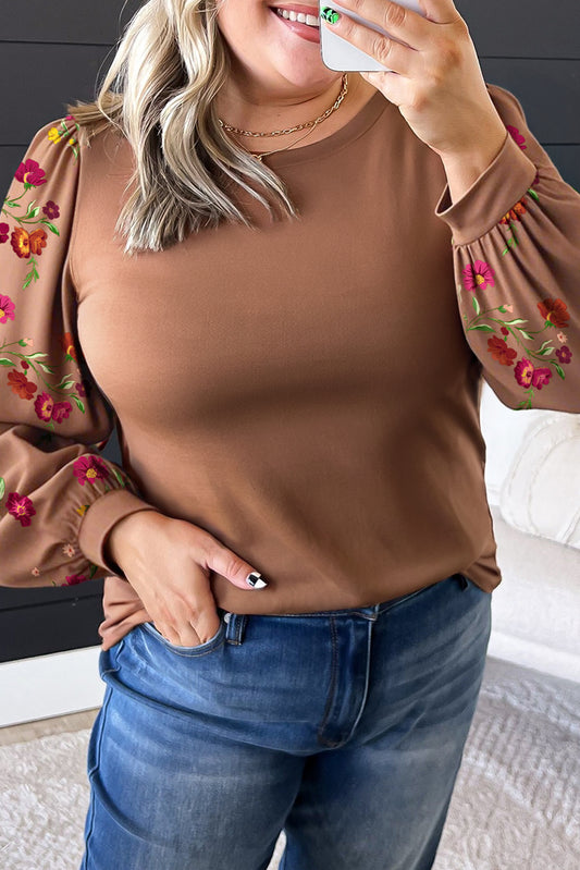 Floral Sleeve Patchwork Round Neck Plus Blouse