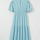 Puff Sleeve Pleated High Waist Flowy Midi Dress