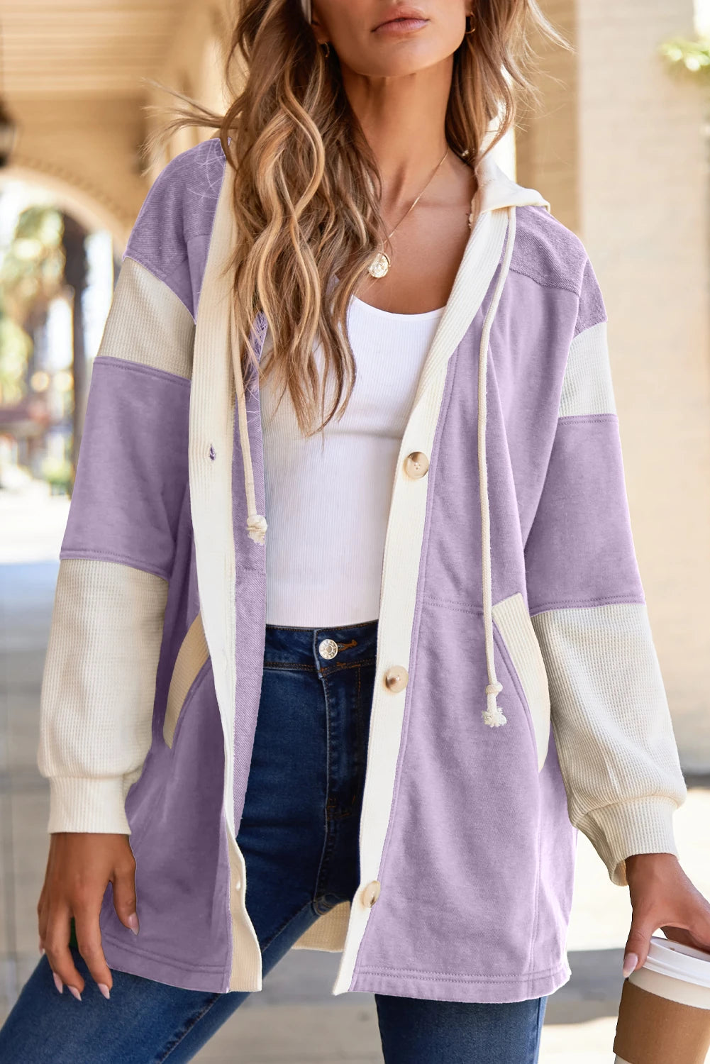 Patchwork Button Front Oversize Hoodie