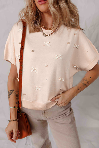Pearl Bow Embellished Dolman Short Sleeve Sweater