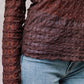 Sheer Mesh Patterned Lettuce Trim Slim Long Sleeve Top