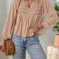 Smocked Bust Buttoned Split V Neck Flow Fit Blouse