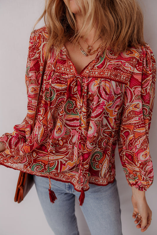 Ethnic Paisley Print Tassel Tie Puff Sleeve Boho Blouse