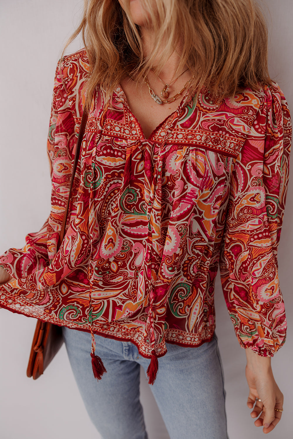 Ethnic Paisley Print Tassel Tie Puff Sleeve Boho Blouse