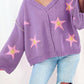 Brushed Star Graphic V Neck Drop Shoulder Oversize Sweater