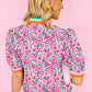 Floral Print Contrast Striped Detail Short Sleeve Blouse