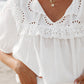 Embroidered Lace Patchwork Tie Neck Puff Short Sleeve Blouse